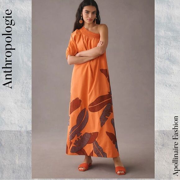 ANTHROPOLOGIE MAEVE ONE SHOULDER EMBROIDERED MAXI DRESS ORANGE SIZE 3X - Picture 7 of 9